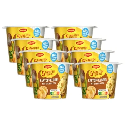 Abbildung von MAGGI 5 Minuten Terrine Kartoffelbrei mit Steinpilzen, leckeres Fertiggericht, Instant Kartoffel Püree, herzhafter Snack, 8er Pack (8 x 43g)