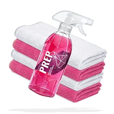 Abbildung von detailmate Auto Lackvorbereitung Set: GYEON Q²M Prep Vorreiniger 500 ml + 2X Premium Microfasertuch 320 GSM 40x40cm weiß 320GSM 40x40 cm pink