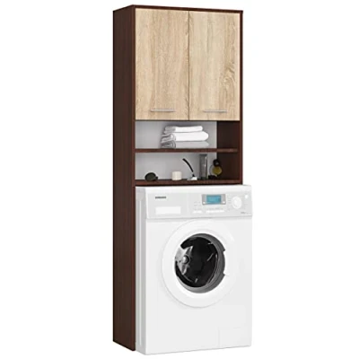 Abbildung von AKORD Hängender Waschmaschinenschrank überbauschrank Waschmaschienenüberschrank B64 x H180 T30 cm, Gewicht 30 kg, Umbauschrank mit 2 Türen, offene Ablagefächer Wenge &amp; Sonoma Eiche Front