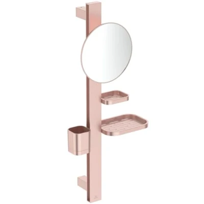 Abbildung von Ideal Standard BD589RO Alu+ Beauty Bar, Accessoires Kombination S700, mit Spiegel Ø 20 cm, 2 Ablagen und 1 Becher, Rosé