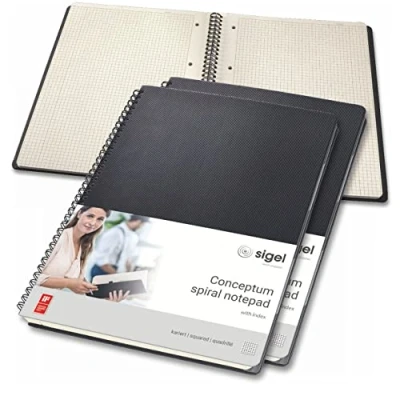 Abbildung von SIGEL CO840/3 Premium Spiralblock A4, kariert, schwarz, 80 Blatt, 3er Pack, sehr stabiler Hardcover Einband, mit versetzbarem Register, Einsteckfach, aus nachhaltigem Papier, Conceptum