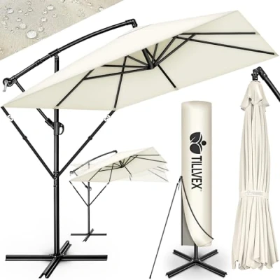 Abbildung von tillvex® Alu Sonnenschirm Rechteckig Ø 330 cm + Abdeckung mit Kurbel Ampelschirm Eckig Ständer &amp; Windschutz Gartenschirm UV Schutz Aluminium Kurbelschirm Marktschirm wasserdicht 360 drehbar