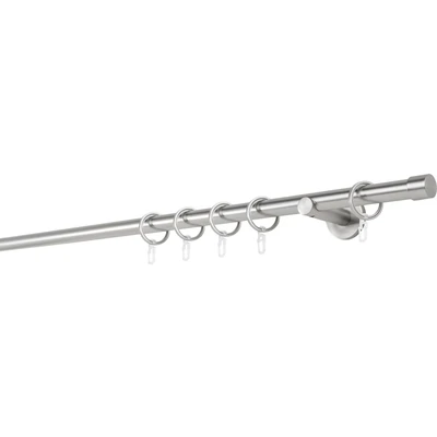 Abbildung von ondeco Gardinenstange auf Maß 20mm Cap 1 lauf Vorhangstange Wandträger 6,5cm Stilgarnitur mit Ringen für Vorhänge Edelstahl Optik 290cm