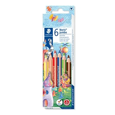 Abbildung von STAEDTLER Buntstift Noris jumbo, erhöhte Bruchfestigkeit, Dreikantform, ABS System, attraktive Sternchenprägung, kindgerecht nach EN71, Made in Germany, 6 Buntstifte im Kartonetui, 128 NC6