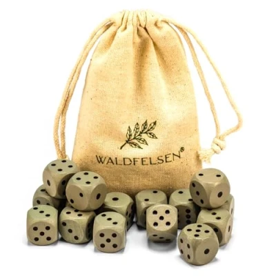 Abbildung von Waldfelsen 6, 12, 20, 30 oder 50 hochqualitative Holzwürfel aus echtem Buchenholz Augenwürfel Spielwürfel Holz in 16 mm Standardwürfel mit Stoffbeutel Würfelset (Grau, 12 Stück)