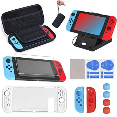 Abbildung von SUPERSUN 16 Stück Switch Tasche für mit Hülle, Schutzfolie, 2er Joy Con, 4 Daumen Kappen Griff