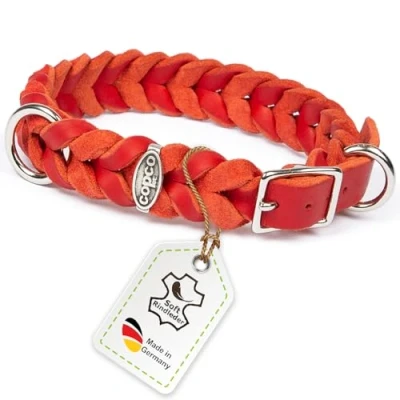 Abbildung von CopcoPet Fettleder Hundehalsband geflochten mit Dornschließe verchromt Handarbeit aus Deutschland Lederhalsband Rot 20 mm Breite 40 44 cm Halsumfang