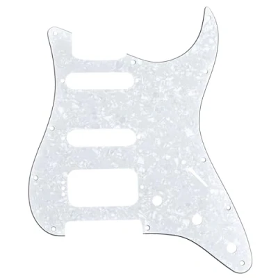 Abbildung von Musiclily Pro 11 Löcher Round Corner HSS Strat Pickguard Gitarren Schlagbrett für USA/Mexican Stratocaster 4 screw Humbucking Mounting Open Pickup,4 lagig White Pearl