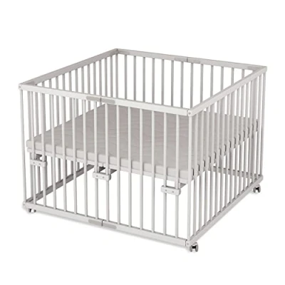 Abbildung von Sämann Laufgitter faltbar 100x100 cm mit Matratze PREMIUM stufenlos höhenverstellbar Laufstall klappbar Baby Buche weiß