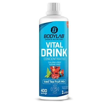 Abbildung von Bodylab24 Vital Drink Concentrated Eistee Fruchtmix 1000ml, Getränkekonzentrat zuckerfrei, Zero Sirup, mit Vitaminen und L Carnitin, Sportgetränk wenig Kalorien