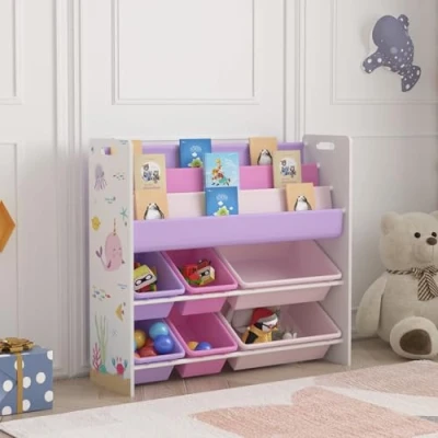 Abbildung von [en.casa] Kinderregal Rødøy Bücherregal für Kinder mit 6 Kisten Spielzeugregal 78 x 86 27 cm Spielzeug Aufbewahrung Ozean Motiv