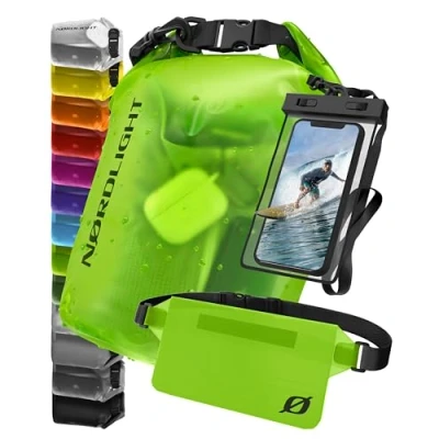 Abbildung von Nordlight wasserdichte Tasche 3er Set (Grün) Dry Bag 10l + Handyhülle Hüfttasche IPX8 Schutz Mit Verstellbaren Gurten Für Strand, Stand Up Paddling