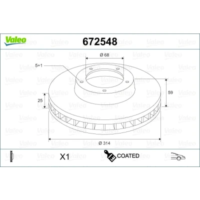 Abbildung von VALEO 672548 Bremsscheibe Vorderachse 314 25 5 Belüftet beschichtet AUDI: A6 C6 Avant, Limousine