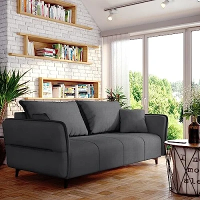 Abbildung von Sofa Isabell mit Bettkasten Schlafsofa Polstersofa Schlaffunktion Klappsofa Couch Schwarzen Füßen Sofagarnitur Wohnzimmer Gastzimmer (Sofa, Grafit)