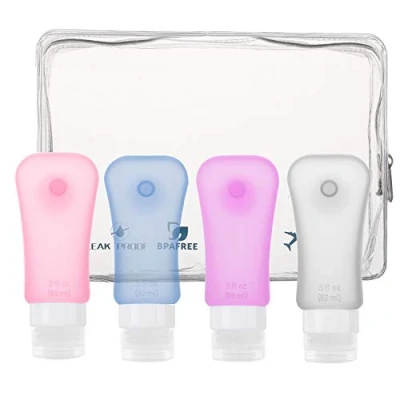 Abbildung von MoKo Reise Flaschen Set, 4 Stück Leckdicht Nachfüllbar Silikon Reiseflaschen Travel Bottle mit Saugnapf für Shampoo, Creme, Spülung und Pflegeprodukten, BPA frei, FDA genehmigt, 3.1 OZ(89ml), Serie 2