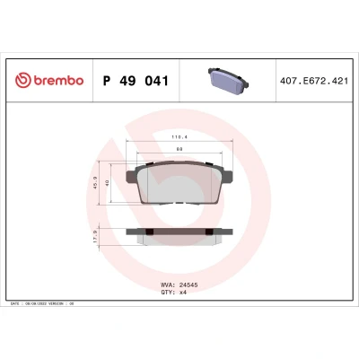 Abbildung von BREMBO P 49 041 Bremsbelagsatz exkl. Verschleißwarnkontakt ohne Zubehör MAZDA: CX 9, 7, FORD USA: Edge