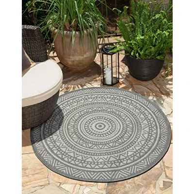 Abbildung von the carpet Mistra robuster Teppich, modern, langlebig und pflegeleicht, In Outdoor, Wohnzimmer, ideal für Küche, Flur Wintergarten, flachgewebt, Grau, 160 x cm Rund