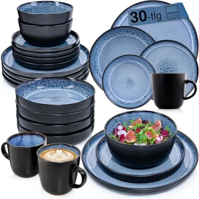 Abbildung von SÄNGER Tafelservice Aruba Geschirrset (30 tlg), 6 Personen, Steingut, blau mit schwarzem Rand, Handmade, Erweiterbar, VALUE COLLECTION