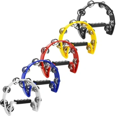 Abbildung von A Star Halbmond Tamburin, Double Jingle Bell Cutaway mit ergonomischem Griff Sänger, Bands, Musiker, Musikunterricht Packung x10 gemischten Farben