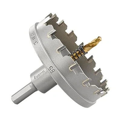 Abbildung von Starrett Hartmetall bestückte Lochsäge SM85 Blechschneider mit Aufnahme und Zentrierbohrer zum Bohren von Edelstahl Aluminiumlegierungen 85 mm