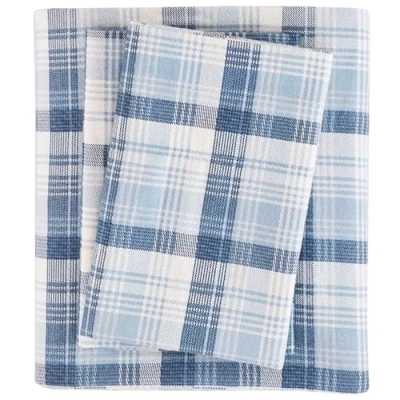 Abbildung von Woolrich Warme weiche Flanell Bettwäsche mit 35,6 cm tiefen Taschen, für kalte Jahreszeiten, gemütliches Set, passender Kissenbezug, Cal King Size, Blau kariert