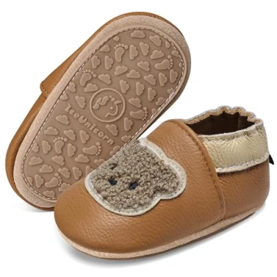 Abbildung von IceUnicorn Krabbelschuhe Baby Lauflernschuhe Weicher Leder Jungen Mädchen Lederschuhe Babys Rutschfeste mit Gummisohle Babyschuhe(Kurkuma Plüschbär, 6 12 Monate)