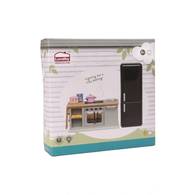 Abbildung von Lundby Puppenhaus Küche Miniatur mit Kühlschrank und Ofen Zubehör Möbel Set Puppenstubenmöbel 11cm Puppen 1:18