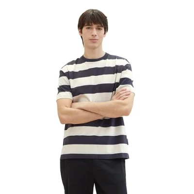 Abbildung von Tom Tailor Denim Herren Basic T Shirt mit Streifen, 34973 Grey Beige Blue Big Stripe, XS