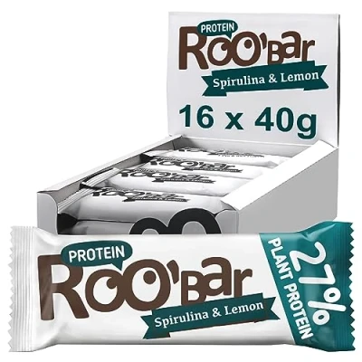 Abbildung von Roobar Protein Spirulina &amp; Zitrone 100% Bio, Vegan Proteinriegel, milchfrei glutenfrei 16 x 40g Riegel in einer Box