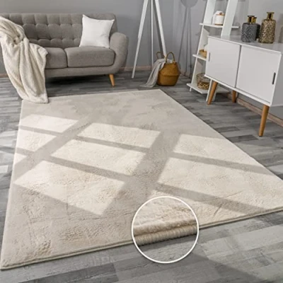 Abbildung von Paco Home Hochflor Teppich Wohnzimmer Flauschig Fellteppich Kunstfell Plüsch Shaggy Weich Fellimitat, Grösse: 120x160 cm, Farbe: Creme