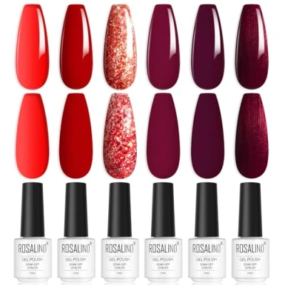 Abbildung von ROSALIND UV Nagellack, Rot Shellac 6 Farben Rubinrot Dunkelrot Glitzer Gel Nagellack Set Soak Off Nail Polish für Anfänger Art Salon DIY