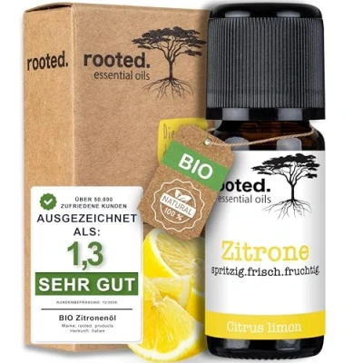 Abbildung von rooted.® BIO Zitronenöl 10ml [100% NATURREIN] Echte Zitrone Citrus limon Ätherisches Öl für Aromatherapie, Duftlampe, Diffusoren, Raumduft, Duftkerzen und Seifen