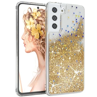 Abbildung von EAZY CASE Hülle kompatibel mit Samsung Galaxy S21 FE 5G Schutzhülle Flüssig Glitzer, Handyhülle, Schutzhülle, Back Cover Glitter Flüssigkeit, TPU/Silikon, Transparent/Durchsichtig, Gold