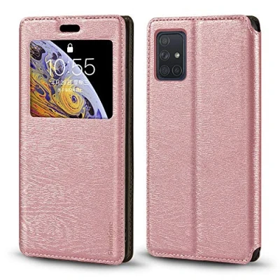 Abbildung von Schutzhülle für Samsung Galaxy A71, Holzmaserung, Leder, mit Kartenhalter und Fenster, Magnetverschluss, A71 (Roségold)
