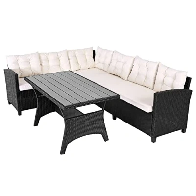 Abbildung von Casaria® Polyrattan Ecklounge Set WPC Esstisch Ecksofa inkl. 7cm Sitzauflagen 15cm Kissen Wetterfest Outdoor Lounge Garten Terrasse Balkon Möbel Schwarz