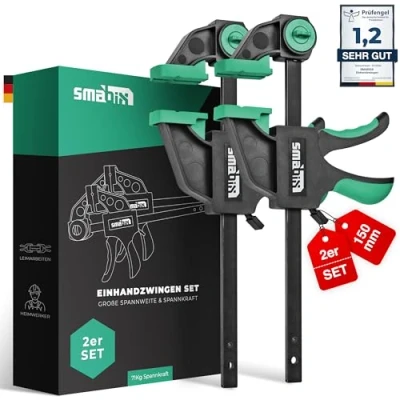 Abbildung von SMABIX® Einhandzwingen 2er Set zum Spannen, Dehnen, Fixieren mit einer Hand, 71Kg Spannkraft, Spannweite 300 mm, Dehnbereich 155mm 500mm, Einhandzwinge, Zwingen, Schraubzwingen, Schnellspannzwinge