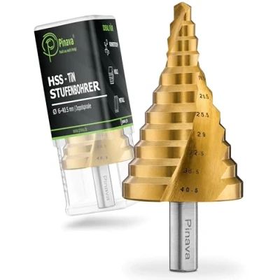 Abbildung von Pinava® Stufenbohrer HSS TiN 2XSPIRAL Ø6 40.5mm [Für metrische Kabelverschraubungen] Scharfer Kegelbohrer für Metall, Holz &amp; Kunststoff Schälbohrer, Konusbohrer, Blech Bohrer mit Doppelspirale