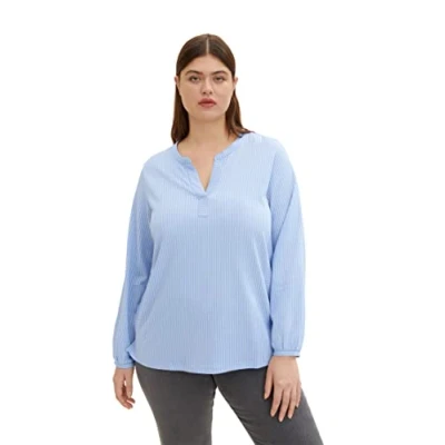 Abbildung von TOM Tailor PLUS Gestreiftes Langarmshirt, Damen, Größe: 44, Dreamy blue white thin stripe