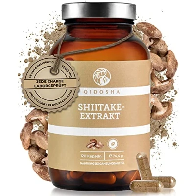 Abbildung von QIDOSHA® Shiitake 15:1 Extrakt Kapseln, 120 Stk, 1000 mg Dual je Tagesportion, 30% Polysaccharide, Premium Pilze Kapseln hochdosiert, vegan, laborgeprueft
