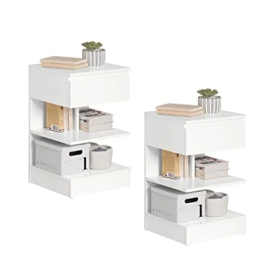 Abbildung von SoBuy FBT49 Wx2 Beistelltisch 2er Set Nachttisch 2 stücke Nachtschrank Kommode mit 1 Schublade und 3 Ablagen weiß BHT ca: 39x65x39cm