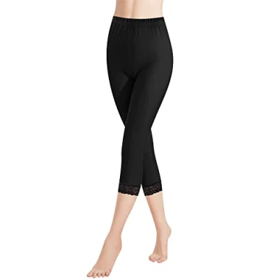 Abbildung von Libella Damen Leggings 3/4 Hose mit Spitze aus Baumwolle Capri Hohe Taille Diamant bunt Slim Fitnesshose Schwarz M/L 4173