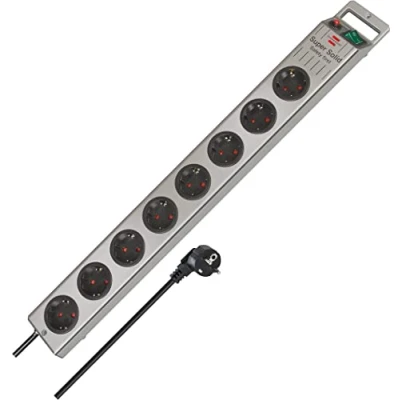 Abbildung von Brennenstuhl Super Solid Steckdosenleiste 8 Fach (Mehrfachsteckdose mit Schalter und 2,5m Kabel aus bruchfestem Polycarbonat) schwarz/Silber