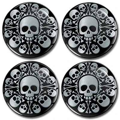 Abbildung von Biomar Labs® 4 x 50mm Aufkleber 3D Silikon Silber Schädel Für Radkappen Nabenkappen Radnabendeckel Rad Nabendeckel A 9850