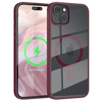 Abbildung von EAZY CASE Crystal TPU Hülle kompatibel mit iPhone 15 Plus Qi Charging, Silikon Kameraschutz, Slimcover, Handyhülle, Silikonhülle, Backcover, Durchsichtig, Transparent/Beere