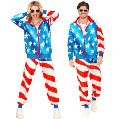 Abbildung von W WIDMANN MILANO Party Fashion Kostüm Trainingsanzug, USA, Stars and Stripes, 80er Jahre Outfit, Jogginganzug, Flagge Amerika, Faschingskostüm