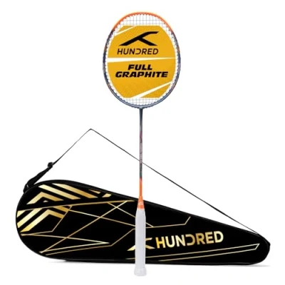 Abbildung von HUNDRED Powertek 1000 PRO Graphite Strung Badminton Racket with Full Cover (Navy/Orange) for Intermediate Players 95 Grams Maximum String Tension 26lbs