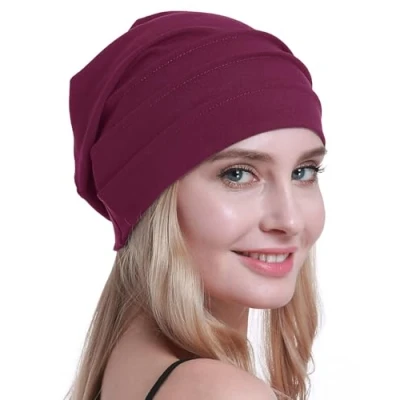 Abbildung von osvyo Baumwolle Chemo Hüte Soft Caps Krebs Kopfbedeckungen für Frauen Haarausfall versiegelt Verpackung,HELL Burgund