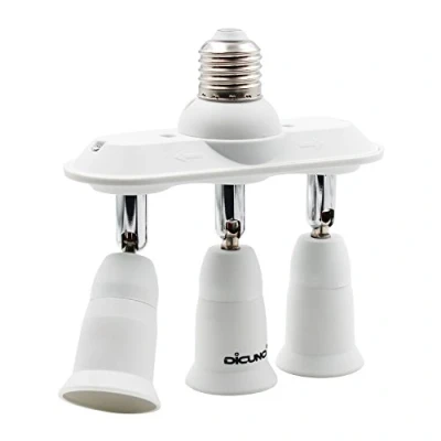 Abbildung von DiCUNO 3 in 1 E27 Sockel Splitter Adapter, Fach Lampensockel Konverter, Verteiler Fassung für LED Lampe, Glühbirne, Halogen, 360 drehbar und Winkellage 180 biegbar, 1er Pack