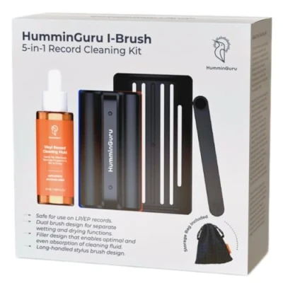 Abbildung von HumminGuru I Brush Antistatisches Reinigungsset für Schallplatten. Doppelte, Vinyl Schallplattenbürste mit Samtpolstern + alkoholfreie Schallplatten Reinigungslösung Bürstenhalter (White 5 in 1)
