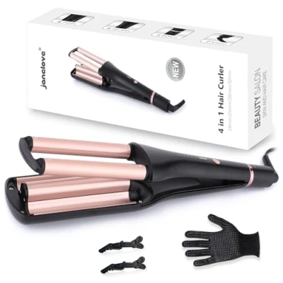 Abbildung von [19/25/28/32mm] Welleneisen für haare janelove 4 in 1 Lockenstab Beach waves/Natürlich Wellen/Wasserwellen/Mermaid Waves, 160C bis 210C Kreppeisen die mit Handschuhe und Clips Gold